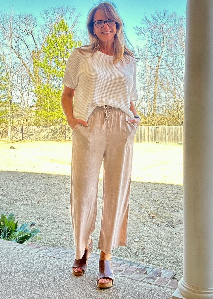 Lucinda Acid Wash Pants - Ash Mocha - linen pants - Jimberly's Boutique - Olive Branch - Mississippi