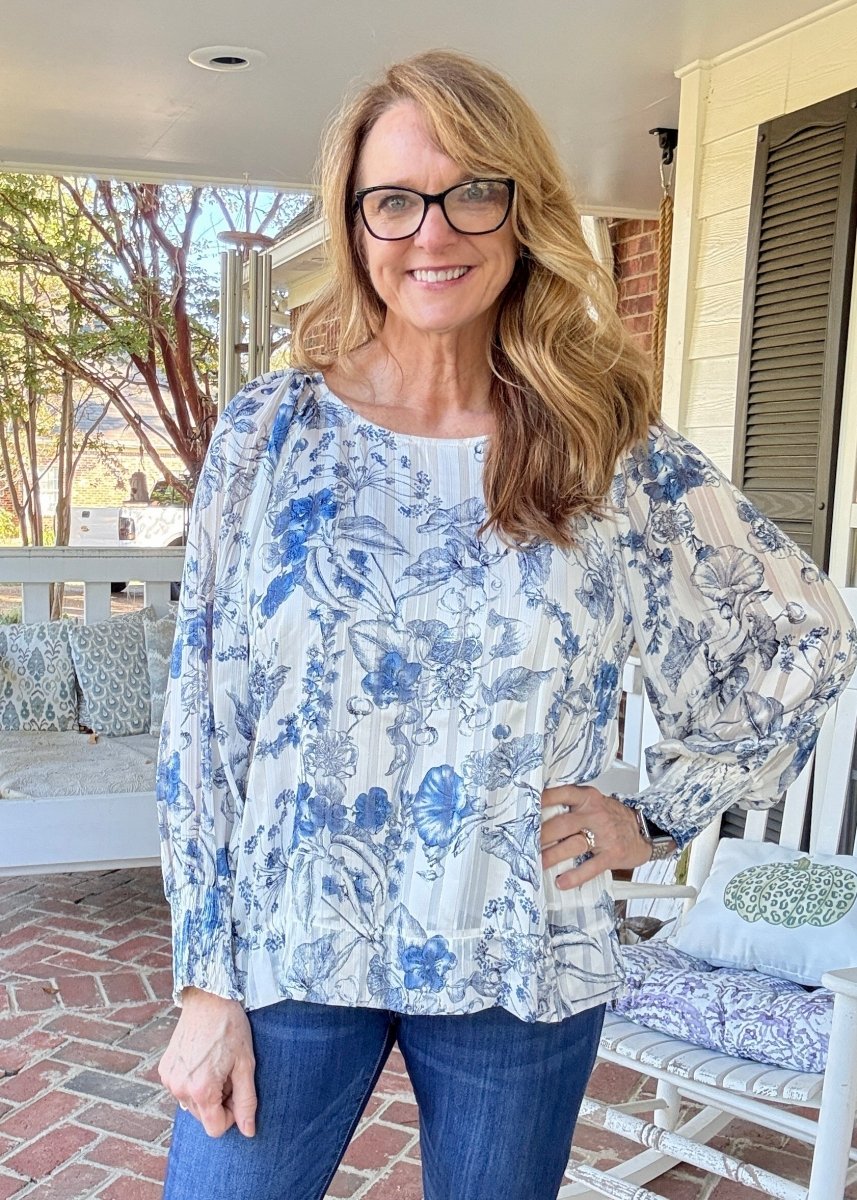 Lurex Floral Print Top - Blue | Umgee - Umgee Top - Jimberly's Boutique - Olive Branch - Mississippi