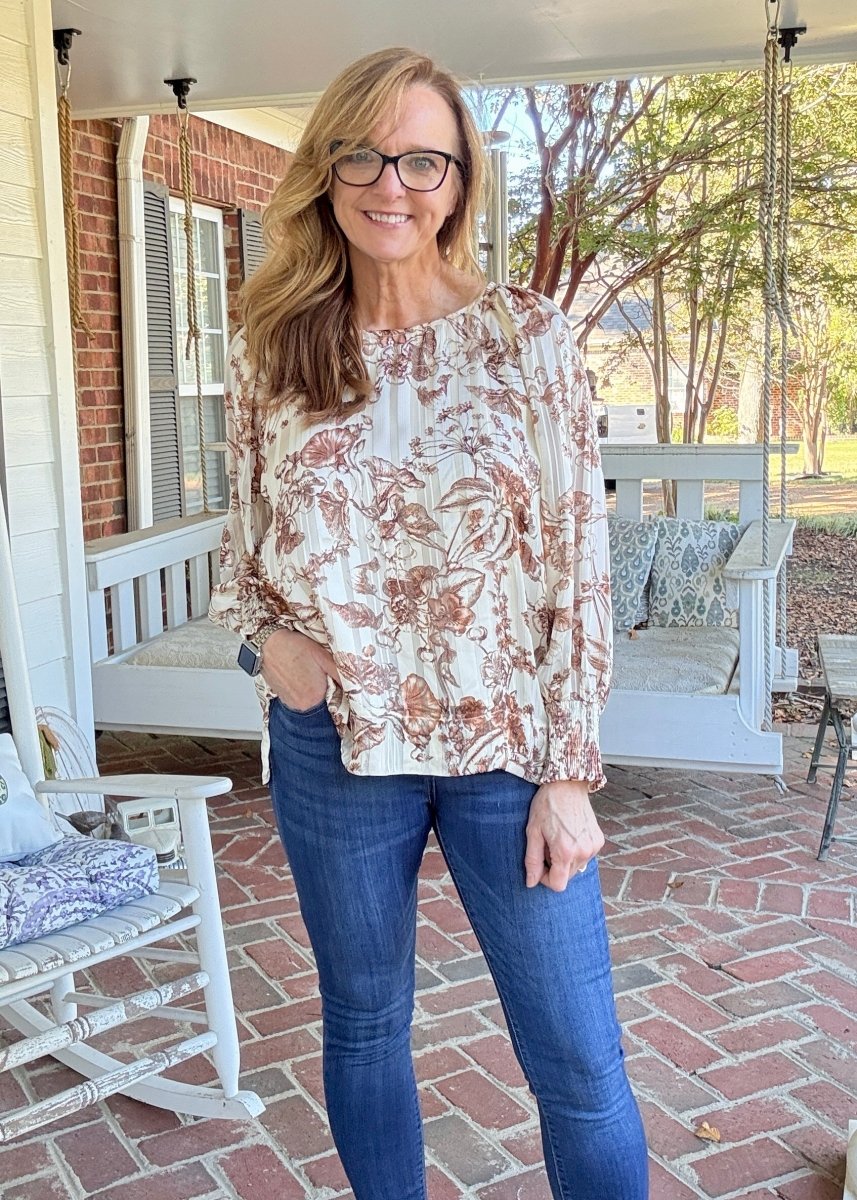 Lurex Floral Print Top - Brown | Umgee - Umgee Top - Jimberly's Boutique - Olive Branch - Mississippi