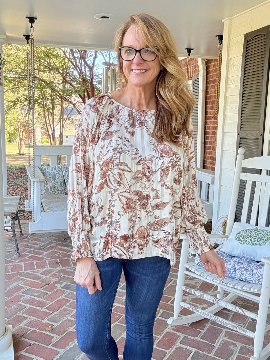 Lurex Floral Print Top - Brown | Umgee - Umgee Top - Jimberly's Boutique - Olive Branch - Mississippi