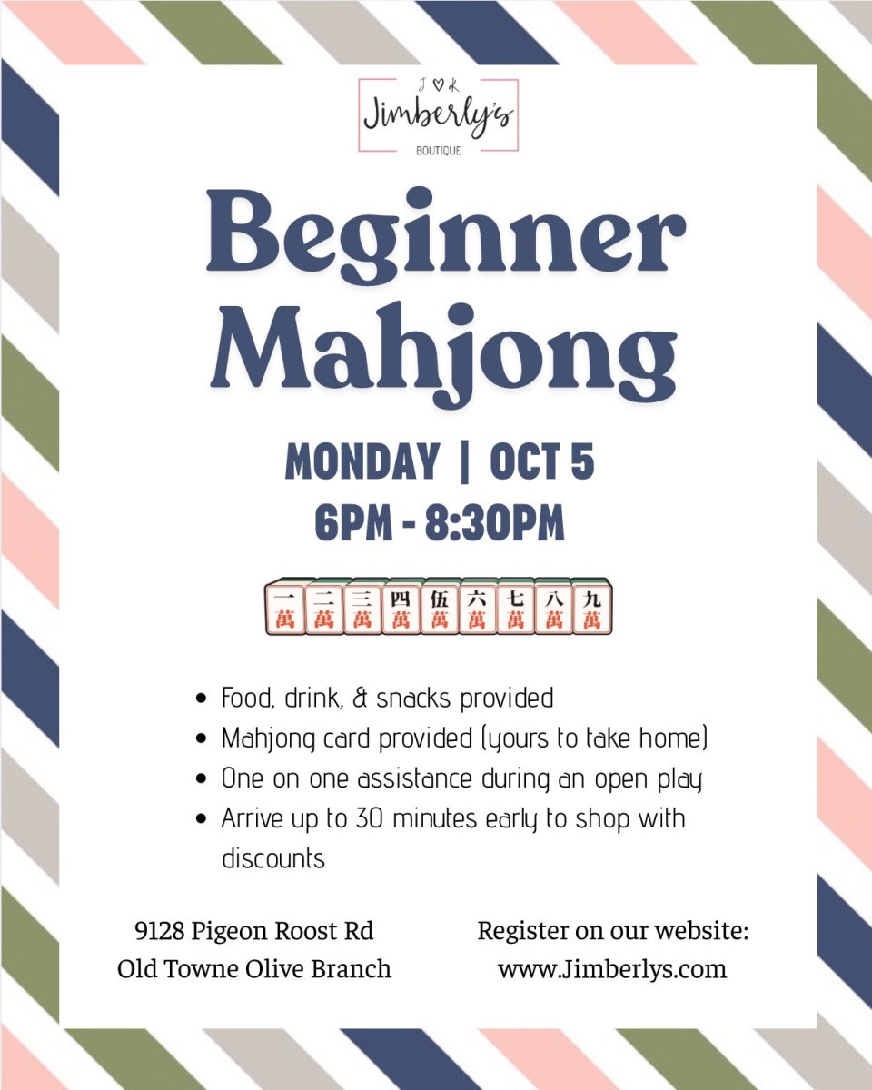 Mahjong - Beginner Class - Monday 10/5/26 - Mahjong Beginner -Jimberly's Boutique-Olive Branch-Mississippi