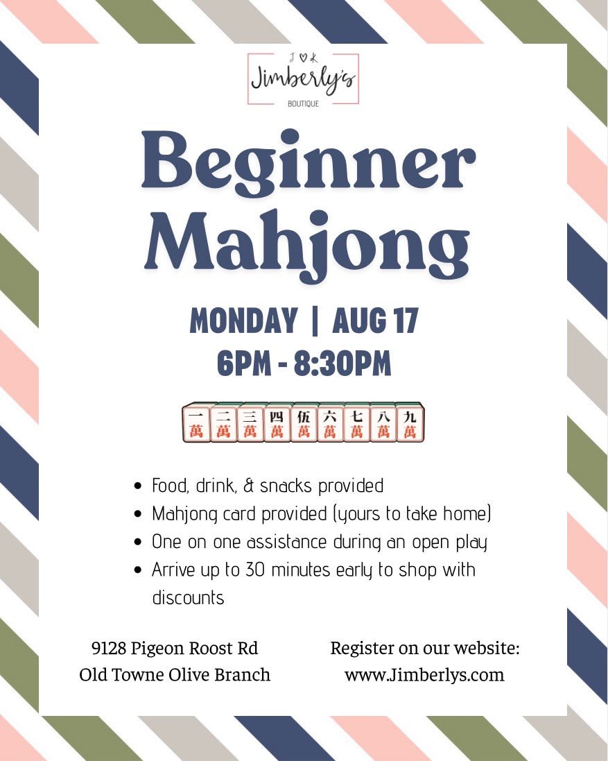 Mahjong - Beginner Class - Monday 8/17/26 - Mahjong Beginner -Jimberly's Boutique-Olive Branch-Mississippi