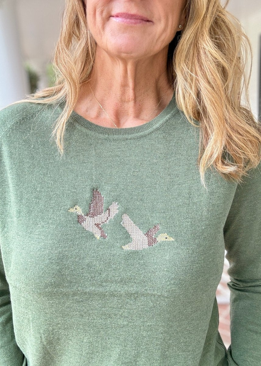 Mallard Embroidered Sweater - Olive Green - Jimberly's Boutique-Olive Branch-Mississippi