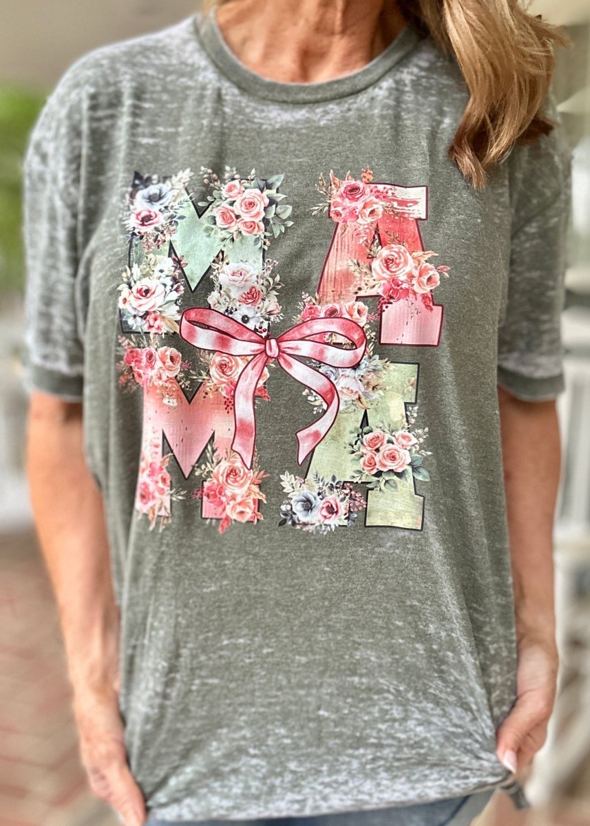 MAMA Floral with Bow Acid Wash Graphic T Shirt - Graphic Tee - Jimberly's Boutique - Olive Branch - Mississippi