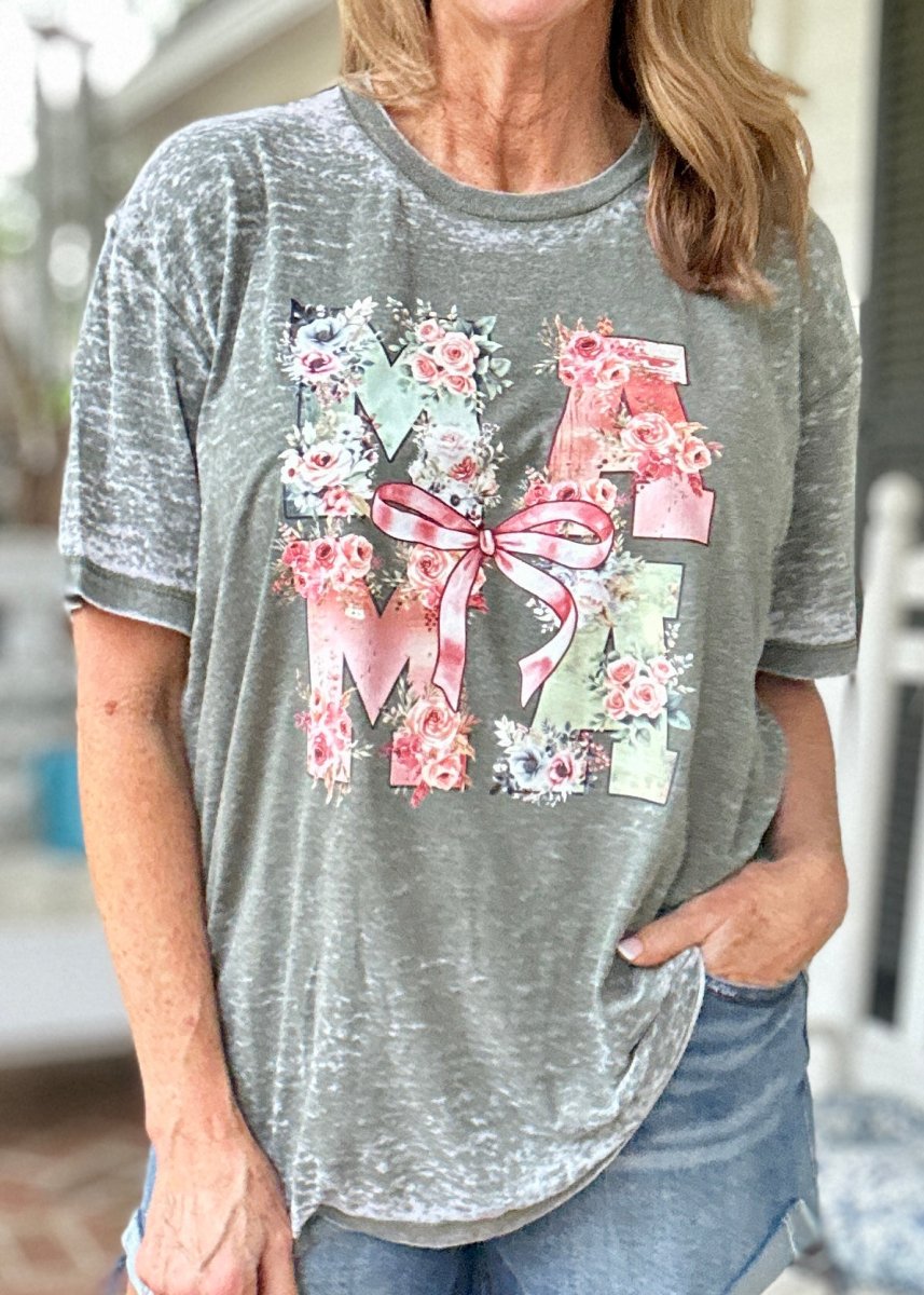 MAMA Floral with Bow Acid Wash Graphic T Shirt - Graphic Tee - Jimberly's Boutique - Olive Branch - Mississippi