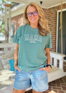 MAMA w/Bow | Green w/Cream Embroidered - Embroidered Comfort Colors - Jimberly's Boutique - Olive Branch - Mississippi
