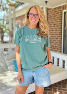 MAMA w/Bow | Green w/Cream Embroidered - Embroidered Comfort Colors - Jimberly's Boutique - Olive Branch - Mississippi
