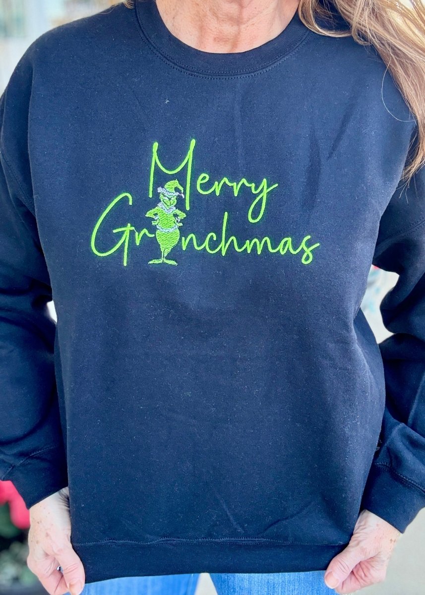 Merry Grinchmas Embroidered Sweatshirt - Black - Grinch Sweatshirt - Jimberly's Boutique - Olive Branch - Mississippi