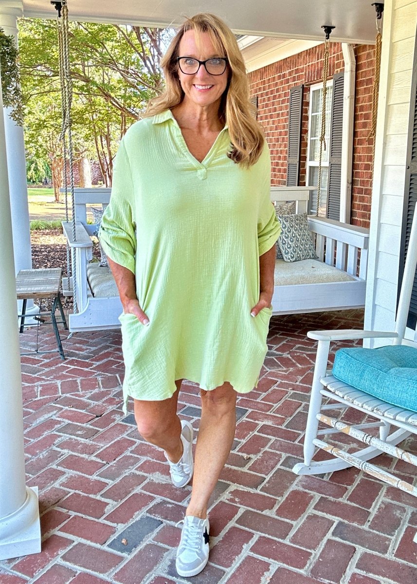 Mineral Washed Shirt Dress - Green Mineral Washed Shirt Dress - Green