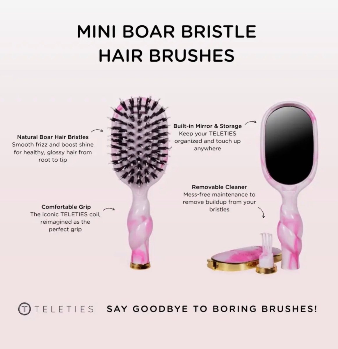 Mini Boar Brush – Pinch Me Pink | TELETIES - Teleties Hair Brush -Jimberly's Boutique-Olive Branch-Mississippi