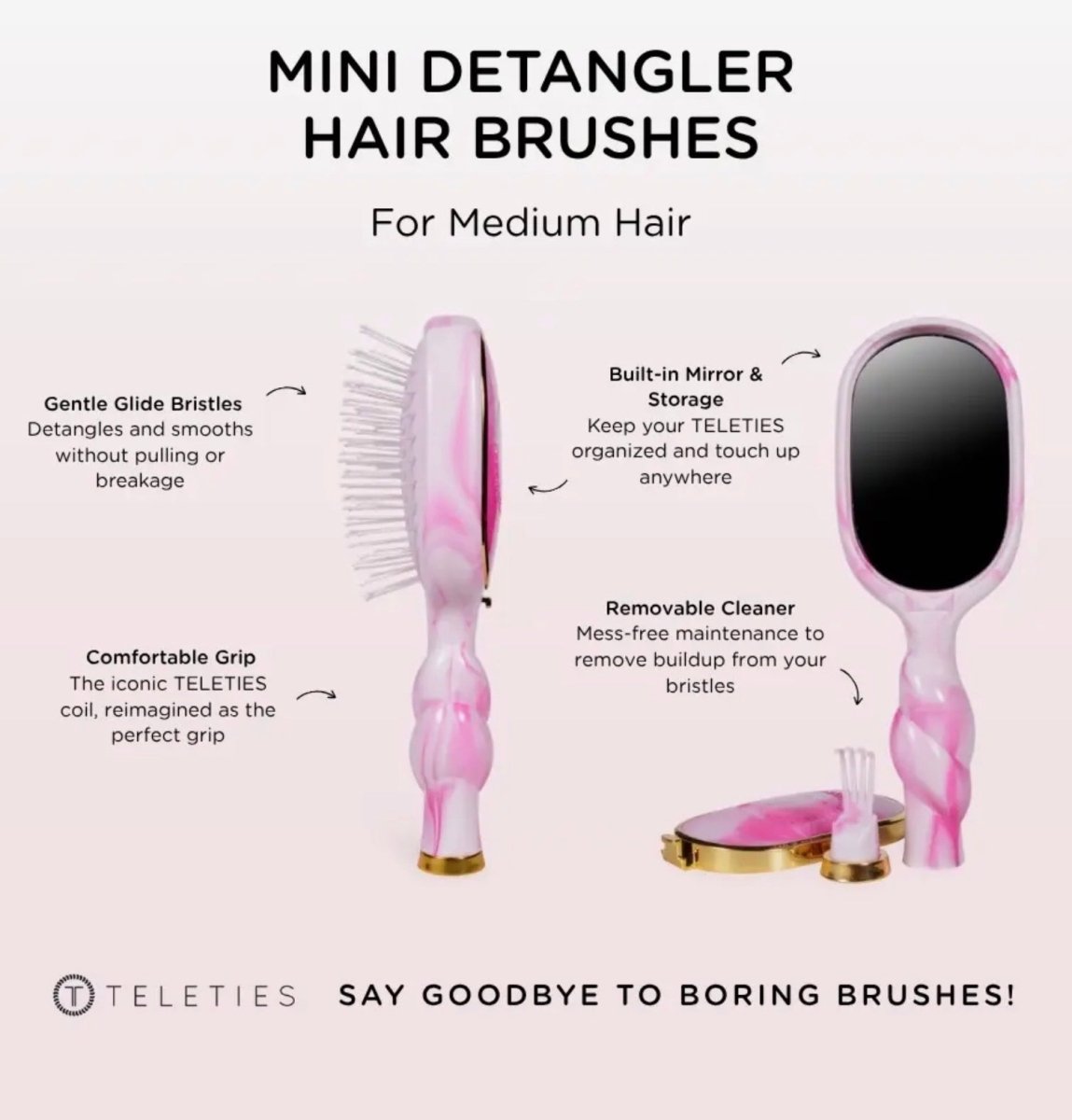 Mini Detangler Brush For Medium Hair - Pinch Me Pink - Teleties Hair Brush -Jimberly's Boutique-Olive Branch-Mississippi