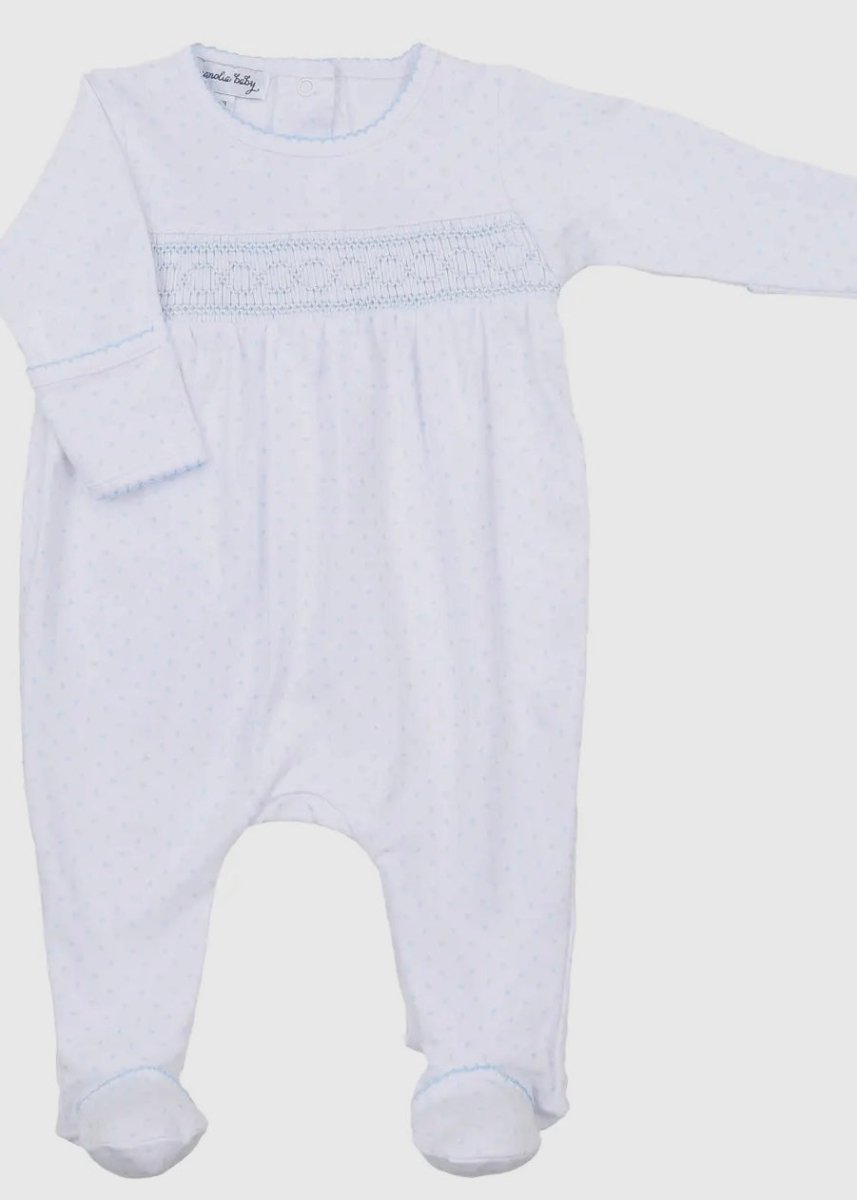 Mini Dots Smocked Footie - Blue | Magnolia Baby - baby gown - Jimberly's Boutique - Olive Branch - Mississippi