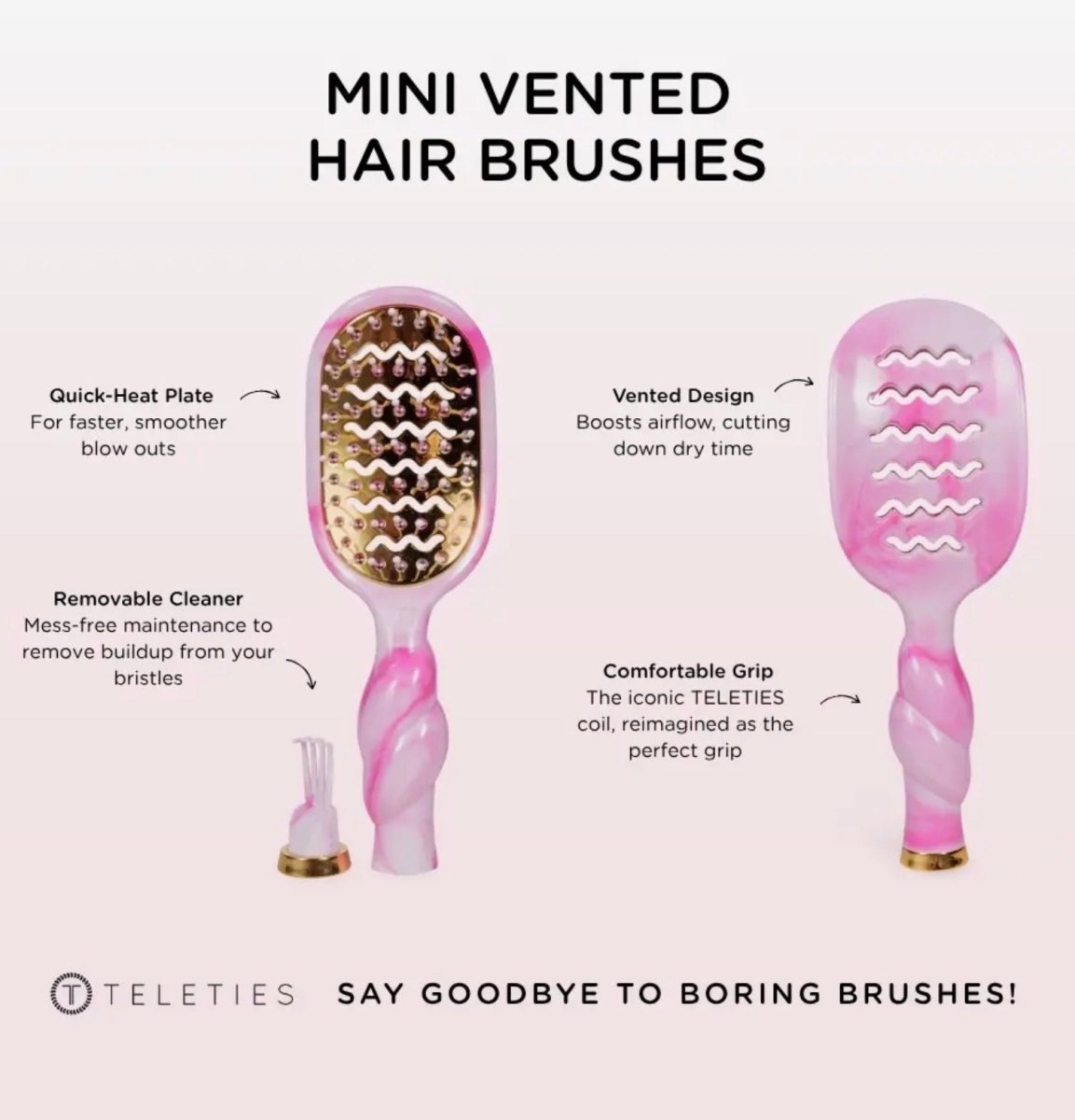 Mini Vented Brush – Pinch Me Pink | TELETIES - Teleties Hair Brush -Jimberly's Boutique-Olive Branch-Mississippi
