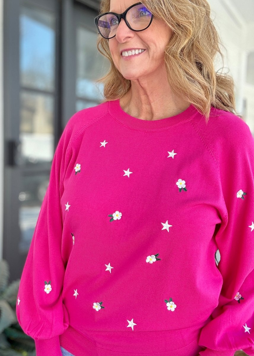 Mixed Embroidery Sweater - Hot Pink - sweater - Jimberly's Boutique - Olive Branch - Mississippi