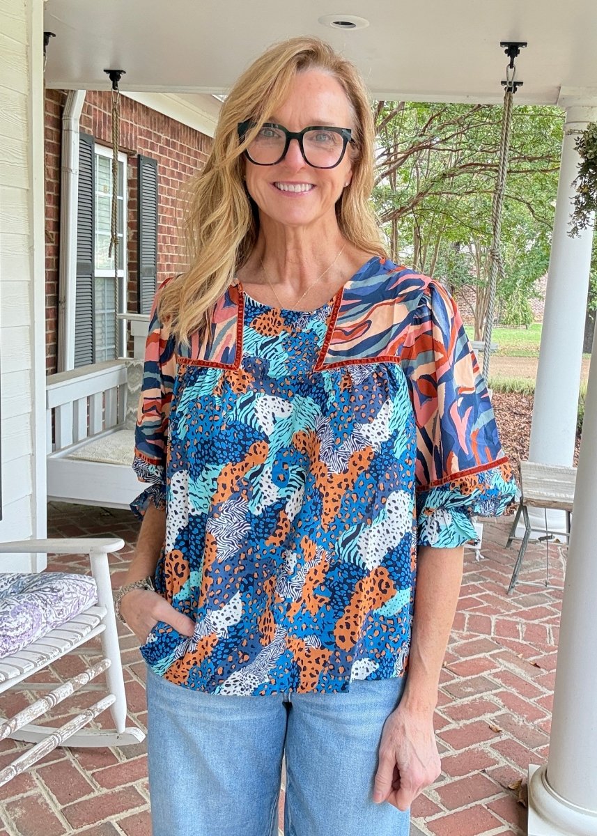 Mixed Print Top - Blue Mix | Umgee - Umgee Top -Jimberly's Boutique-Olive Branch-Mississippi