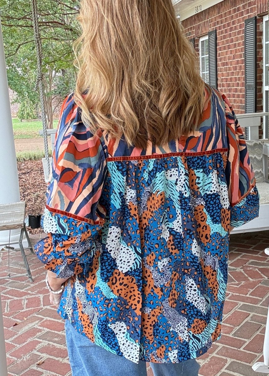 Mixed Print Top - Blue Mix | Umgee - Umgee Top -Jimberly's Boutique-Olive Branch-Mississippi