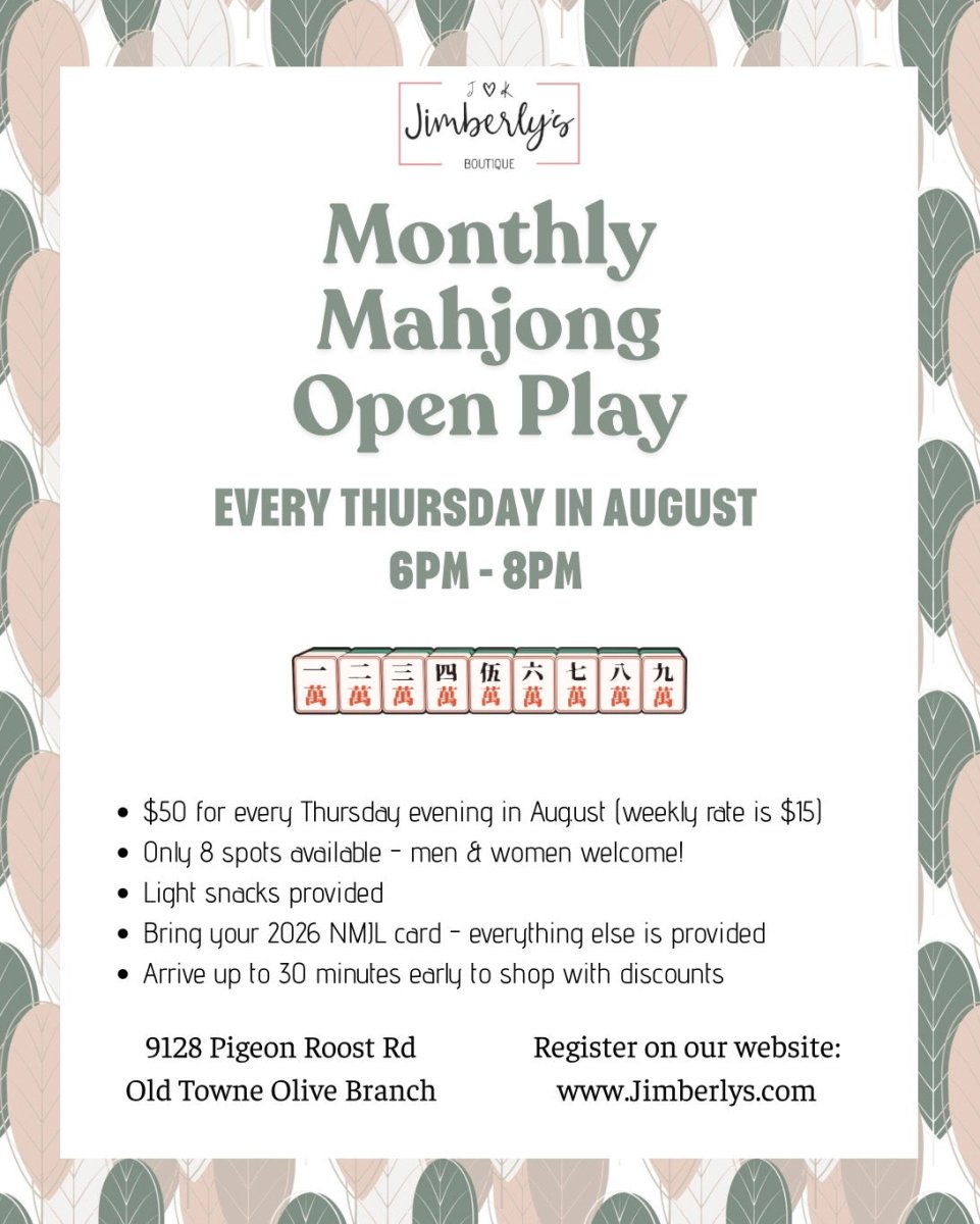Monthly Thursday Night Mahjong Open Play - August 2026 - Jimberly's Boutique-Olive Branch-Mississippi