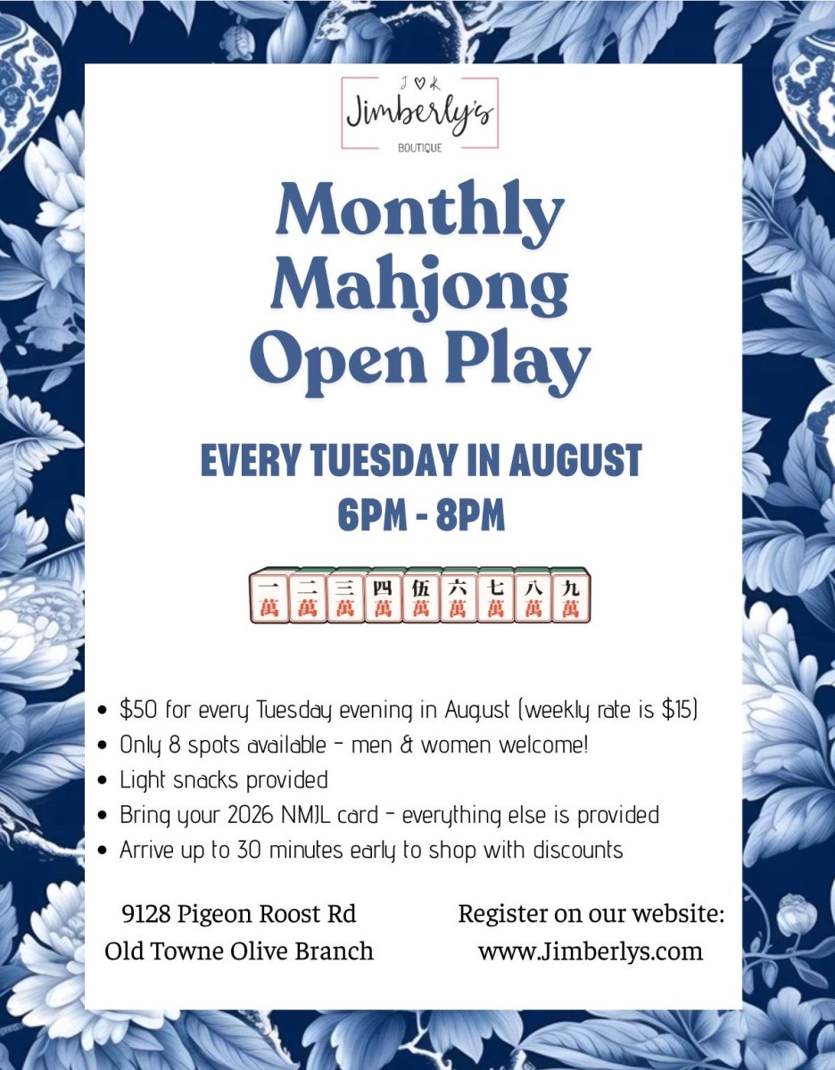Monthly Tuesday Night Mahjong Open Play - August 2026 - Jimberly's Boutique-Olive Branch-Mississippi