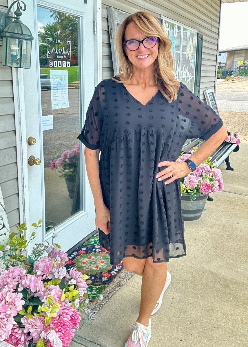 Nelma | Black | Swiss Dot | V Neck Babydoll Dress - Zenana Dress - Jimberly's Boutique - Olive Branch - Mississippi