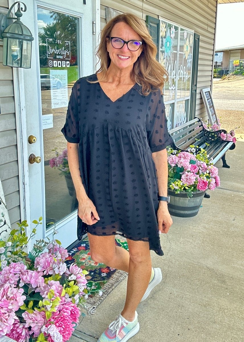 Nelma | Black | Swiss Dot | V Neck Babydoll Dress - Zenana Dress - Jimberly's Boutique - Olive Branch - Mississippi