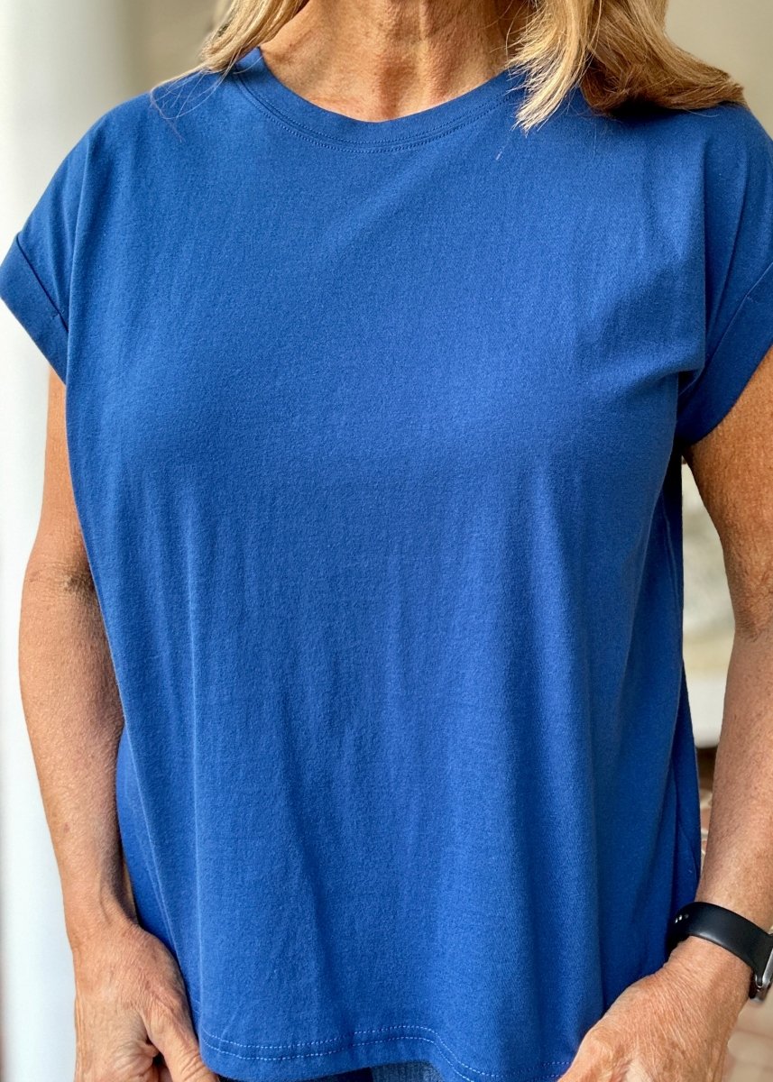 Not So Basic Folded Sleeve Top - Classic Blue - Casual Top - Jimberly's Boutique - Olive Branch - Mississippi