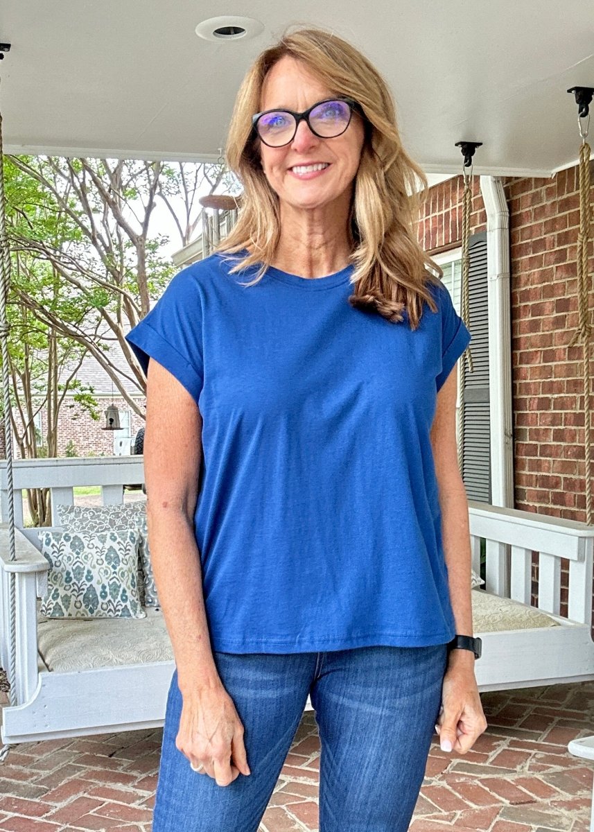 Not So Basic Folded Sleeve Top - Classic Blue - Casual Top - Jimberly's Boutique - Olive Branch - Mississippi