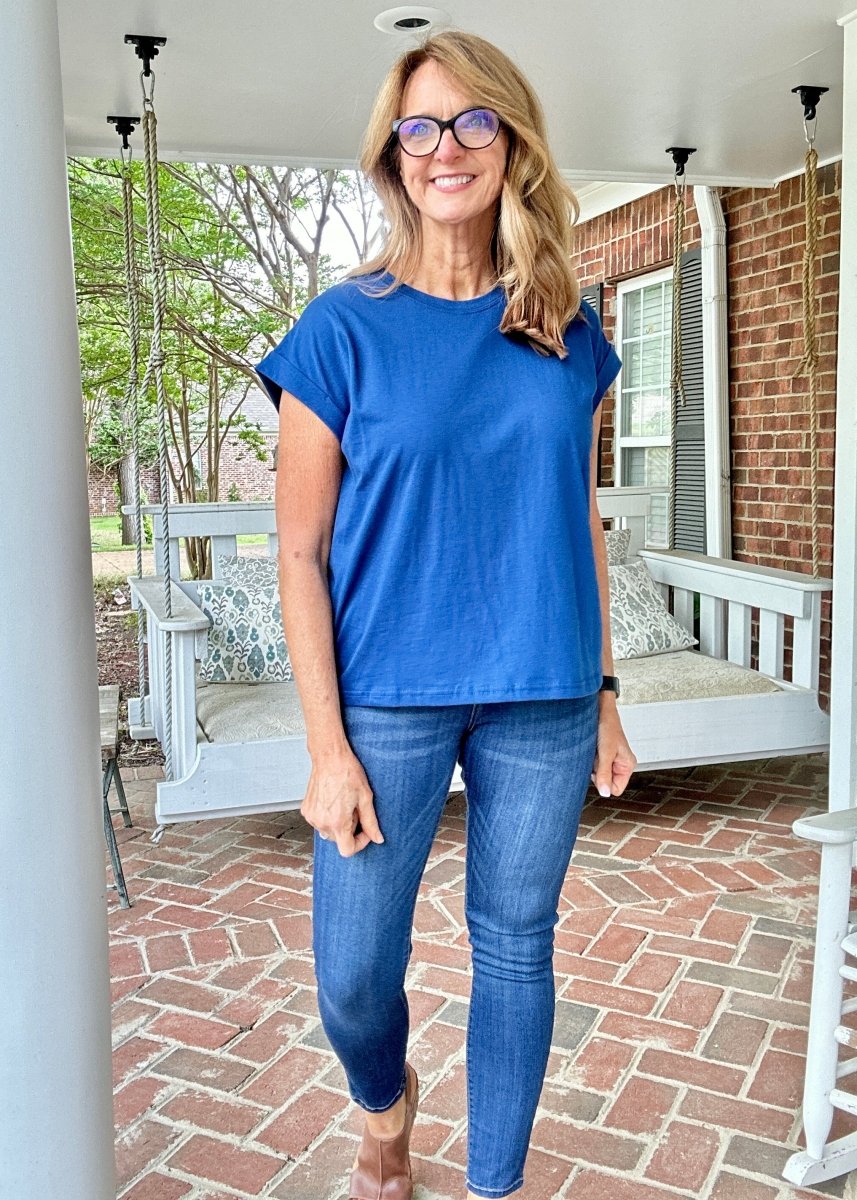 Not So Basic Folded Sleeve Top - Classic Blue - Casual Top - Jimberly's Boutique - Olive Branch - Mississippi