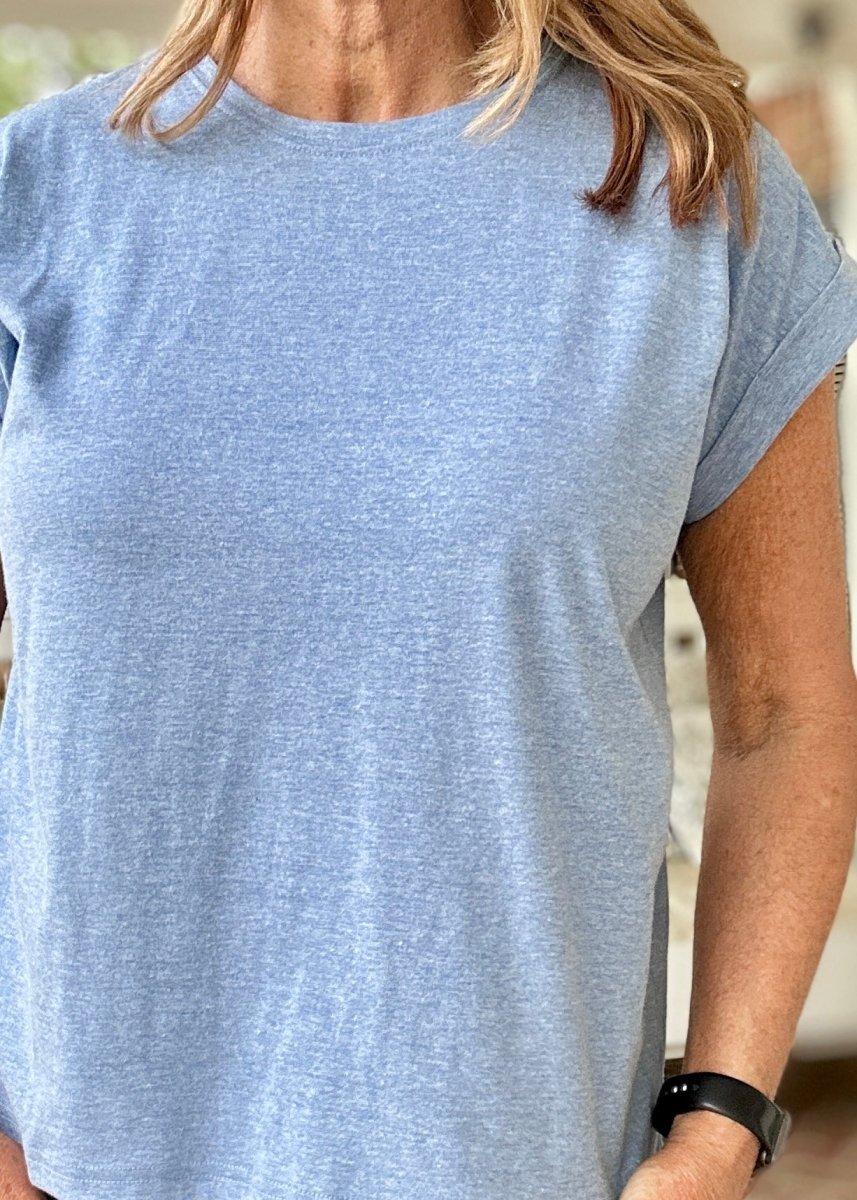 Not So Basic Folded Sleeve Top - Heather Classic Blue - Casual Top - Jimberly's Boutique - Olive Branch - Mississippi