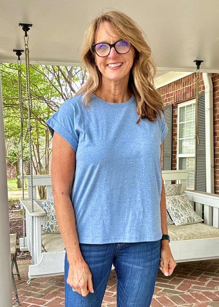 Not So Basic Folded Sleeve Top - Heather Classic Blue - Casual Top - Jimberly's Boutique - Olive Branch - Mississippi