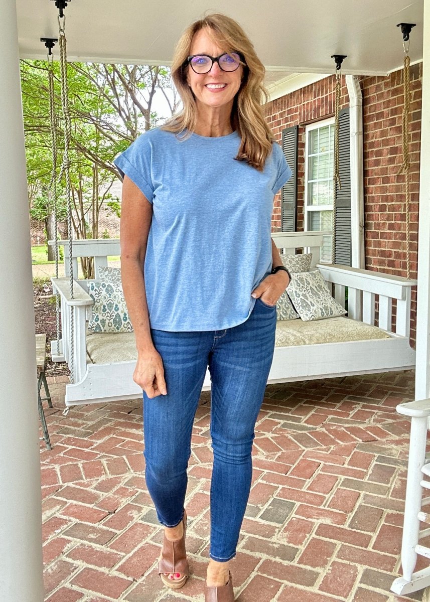 Not So Basic Folded Sleeve Top - Heather Classic Blue - Casual Top - Jimberly's Boutique - Olive Branch - Mississippi