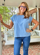 Not So Basic Folded Sleeve Top - Heather Classic Blue - Casual Top - Jimberly's Boutique - Olive Branch - Mississippi