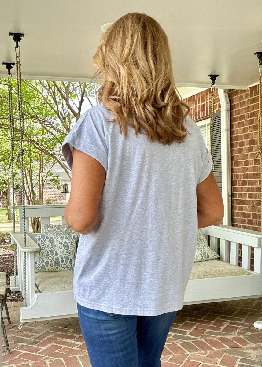 Not So Basic Folded Sleeve Top - Heather Grey - Casual Top - Jimberly's Boutique - Olive Branch - Mississippi