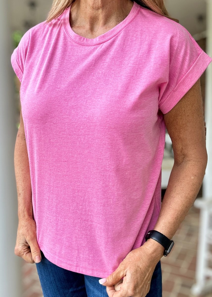 Not So Basic Folded Sleeve Top - Heather Hot Pink - Casual Top - Jimberly's Boutique - Olive Branch - Mississippi