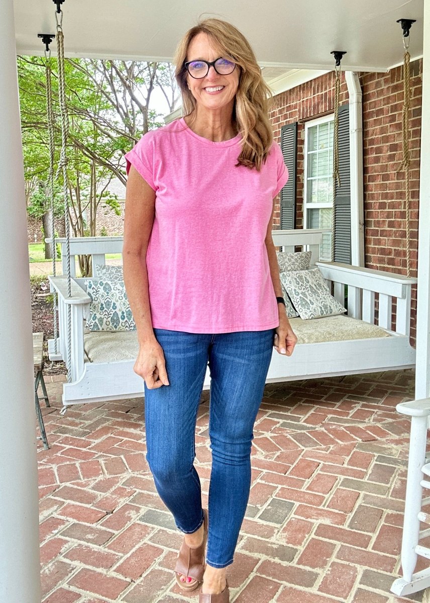 Not So Basic Folded Sleeve Top - Heather Hot Pink - Casual Top - Jimberly's Boutique - Olive Branch - Mississippi