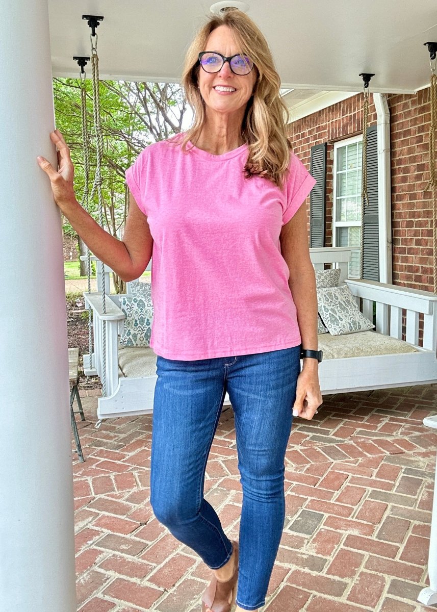 Not So Basic Folded Sleeve Top - Heather Hot Pink - Casual Top - Jimberly's Boutique - Olive Branch - Mississippi