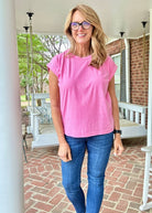 Not So Basic Folded Sleeve Top - Heather Hot Pink - Casual Top - Jimberly's Boutique - Olive Branch - Mississippi