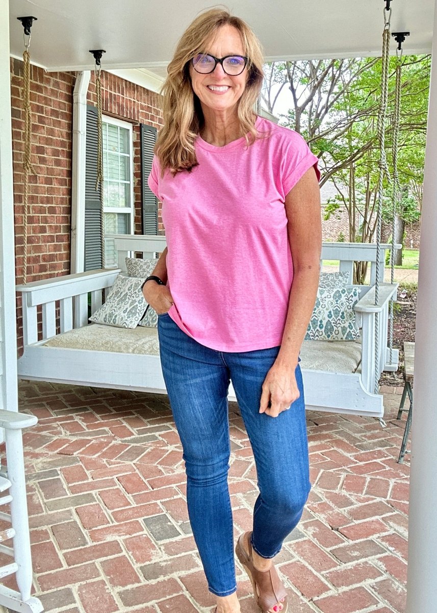 Not So Basic Folded Sleeve Top - Heather Hot Pink - Casual Top - Jimberly's Boutique - Olive Branch - Mississippi