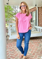 Not So Basic Folded Sleeve Top - Heather Hot Pink - Casual Top - Jimberly's Boutique - Olive Branch - Mississippi