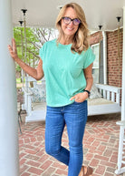 Not So Basic Folded Sleeve Top - Heather Kelly Green - Casual Top - Jimberly's Boutique - Olive Branch - Mississippi