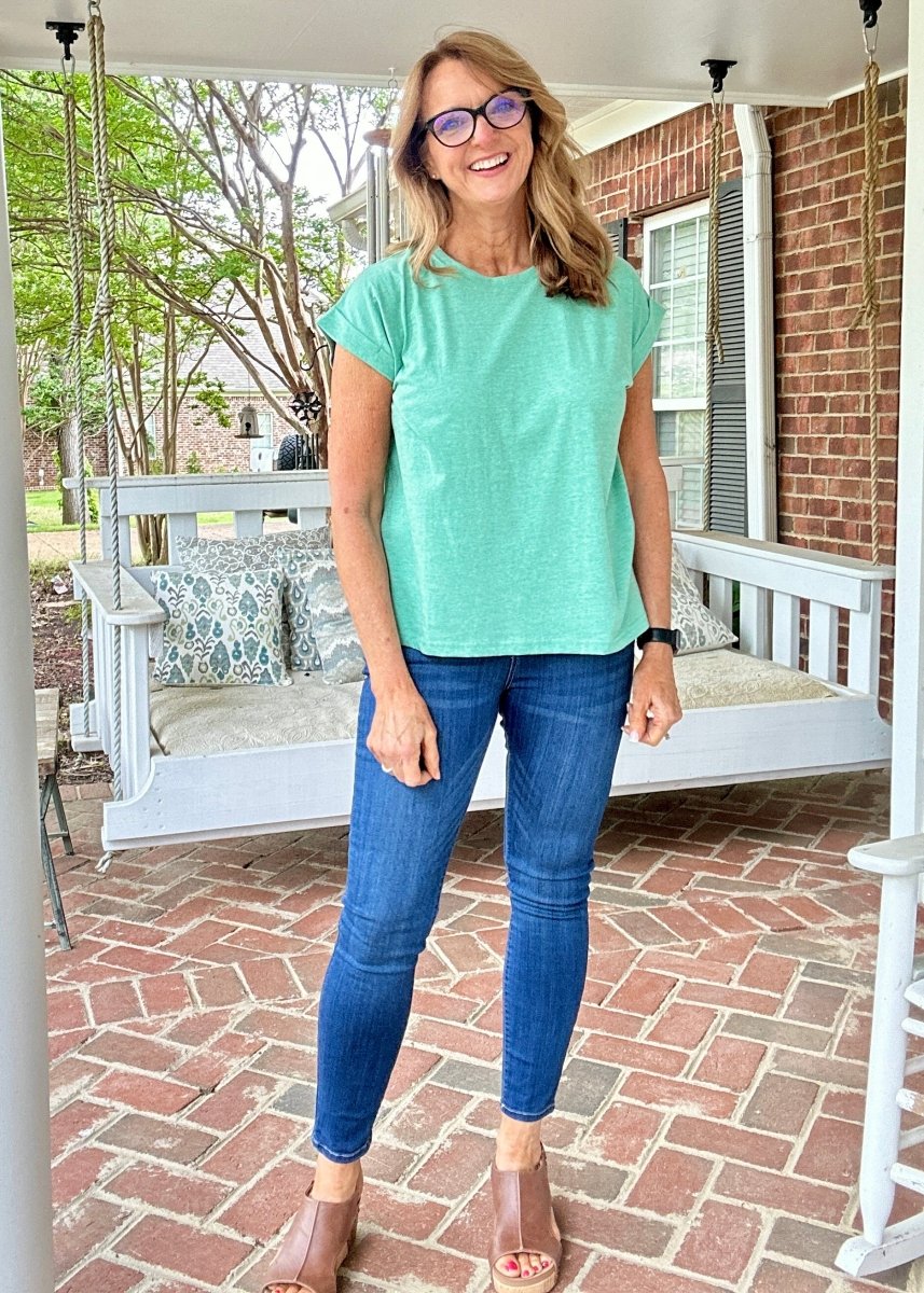 Not So Basic Folded Sleeve Top - Heather Kelly Green - Casual Top - Jimberly's Boutique - Olive Branch - Mississippi