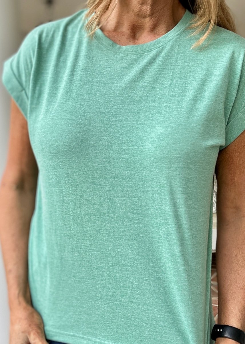 Not So Basic Folded Sleeve Top - Heather Kelly Green - Casual Top - Jimberly's Boutique - Olive Branch - Mississippi