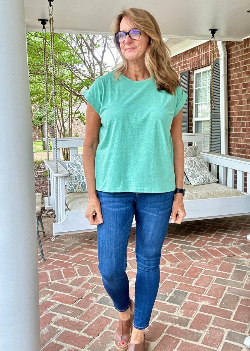 Not So Basic Folded Sleeve Top - Heather Kelly Green - Casual Top - Jimberly's Boutique - Olive Branch - Mississippi