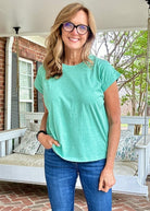 Not So Basic Folded Sleeve Top - Heather Kelly Green - Casual Top - Jimberly's Boutique - Olive Branch - Mississippi
