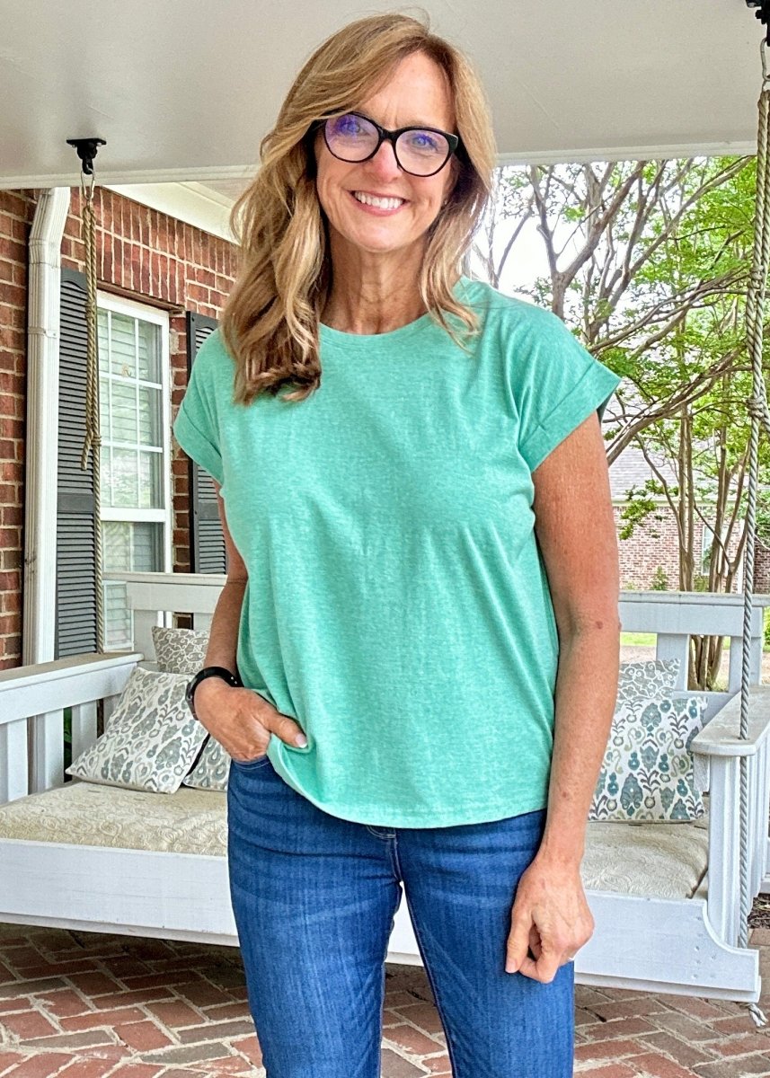 Not So Basic Folded Sleeve Top - Heather Kelly Green - Casual Top - Jimberly's Boutique - Olive Branch - Mississippi