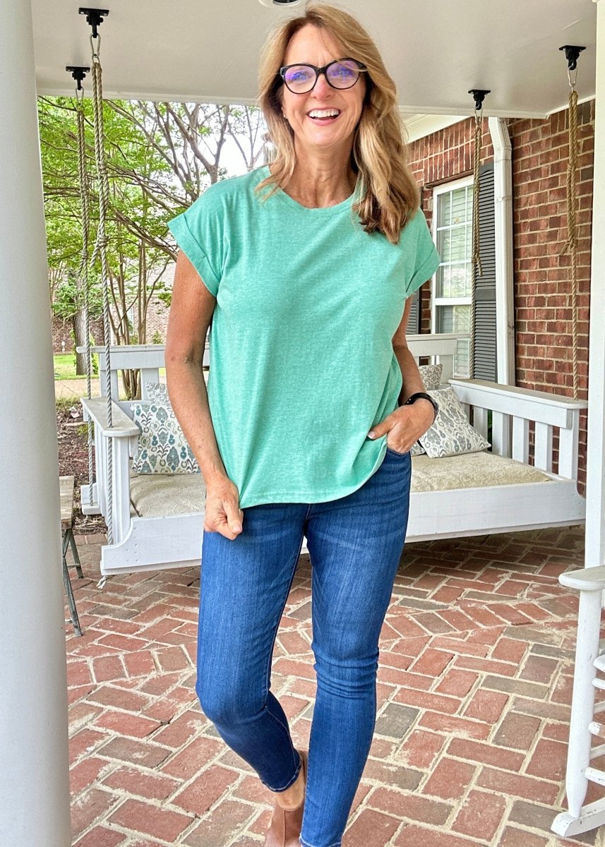 Not So Basic Folded Sleeve Top - Heather Kelly Green - Casual Top - Jimberly's Boutique - Olive Branch - Mississippi