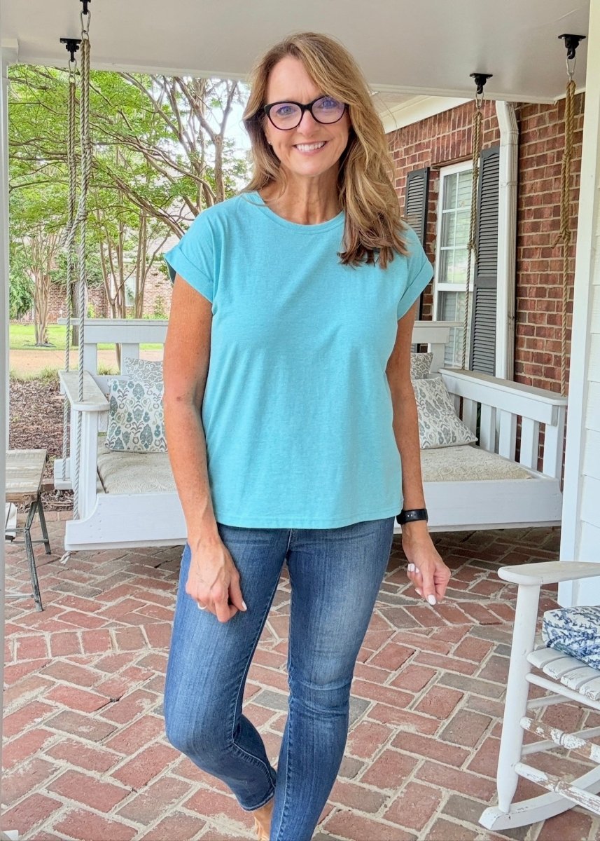Not So Basic Folded Sleeve Top - Heather Lt Teal - Casual Top - Jimberly's Boutique - Olive Branch - Mississippi