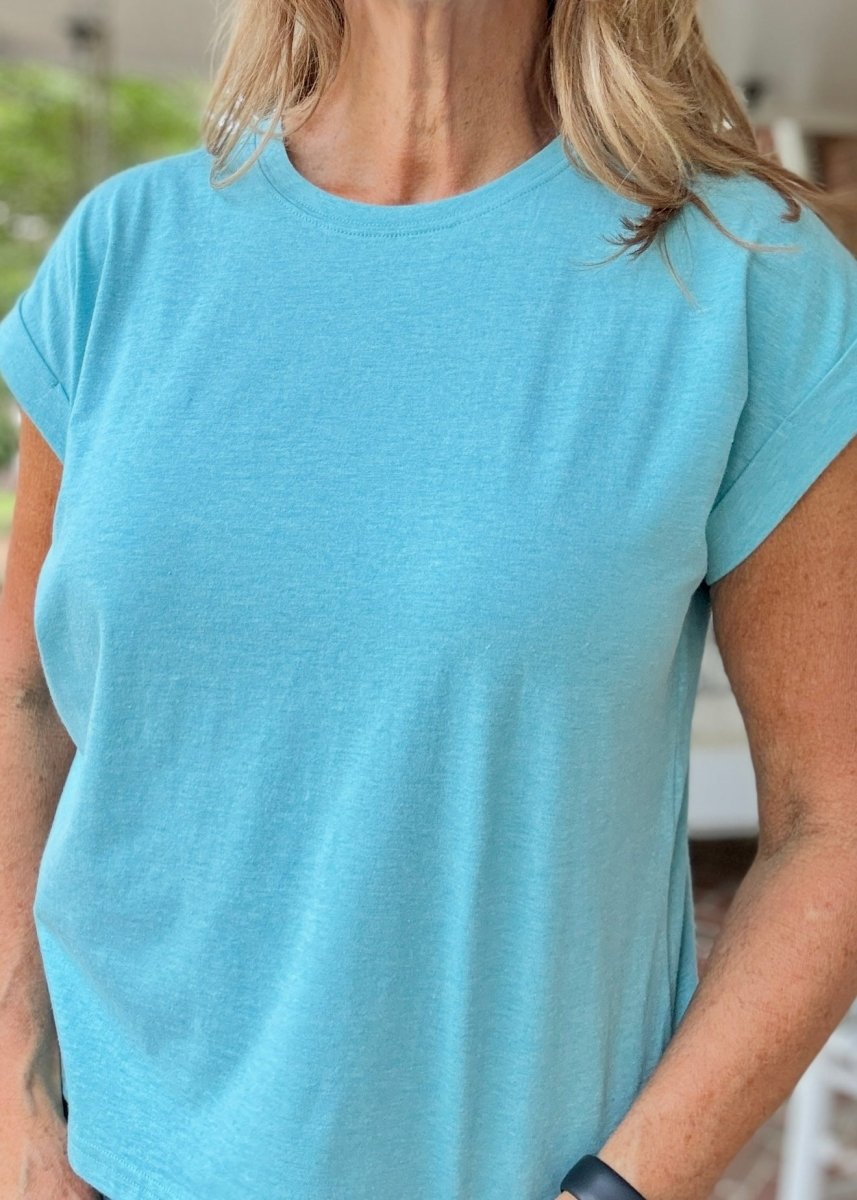 Not So Basic Folded Sleeve Top - Heather Lt Teal - Casual Top - Jimberly's Boutique - Olive Branch - Mississippi