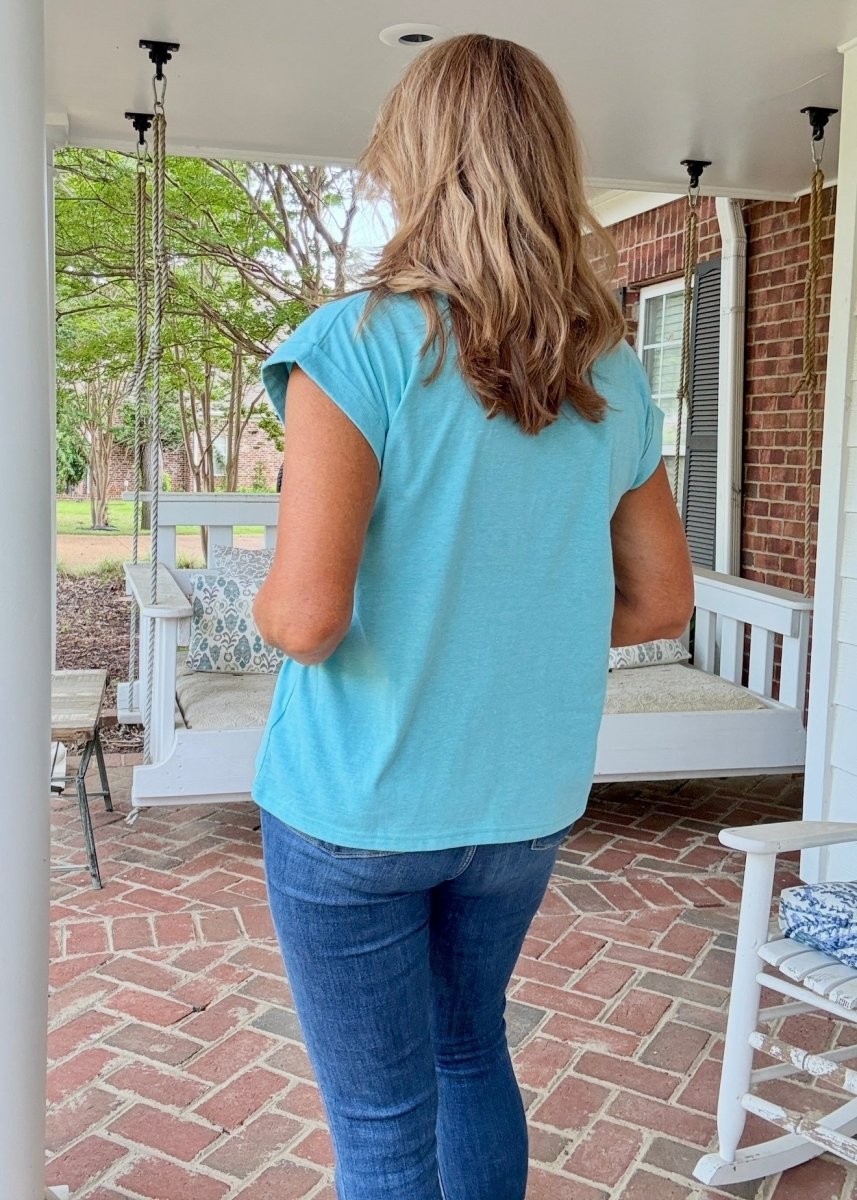 Not So Basic Folded Sleeve Top - Heather Lt Teal - Casual Top - Jimberly's Boutique - Olive Branch - Mississippi