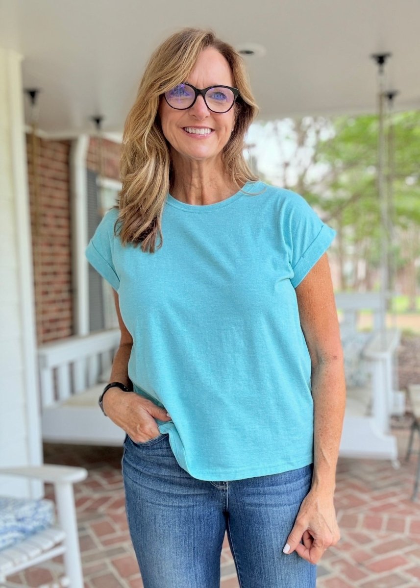 Not So Basic Folded Sleeve Top - Heather Lt Teal - Casual Top - Jimberly's Boutique - Olive Branch - Mississippi