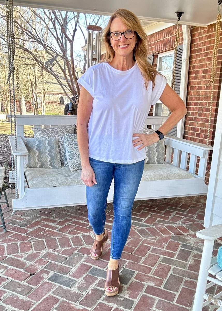 Not So Basic Folded Sleeve Top - White | Zenana - Casual Top - Jimberly's Boutique - Olive Branch - Mississippi